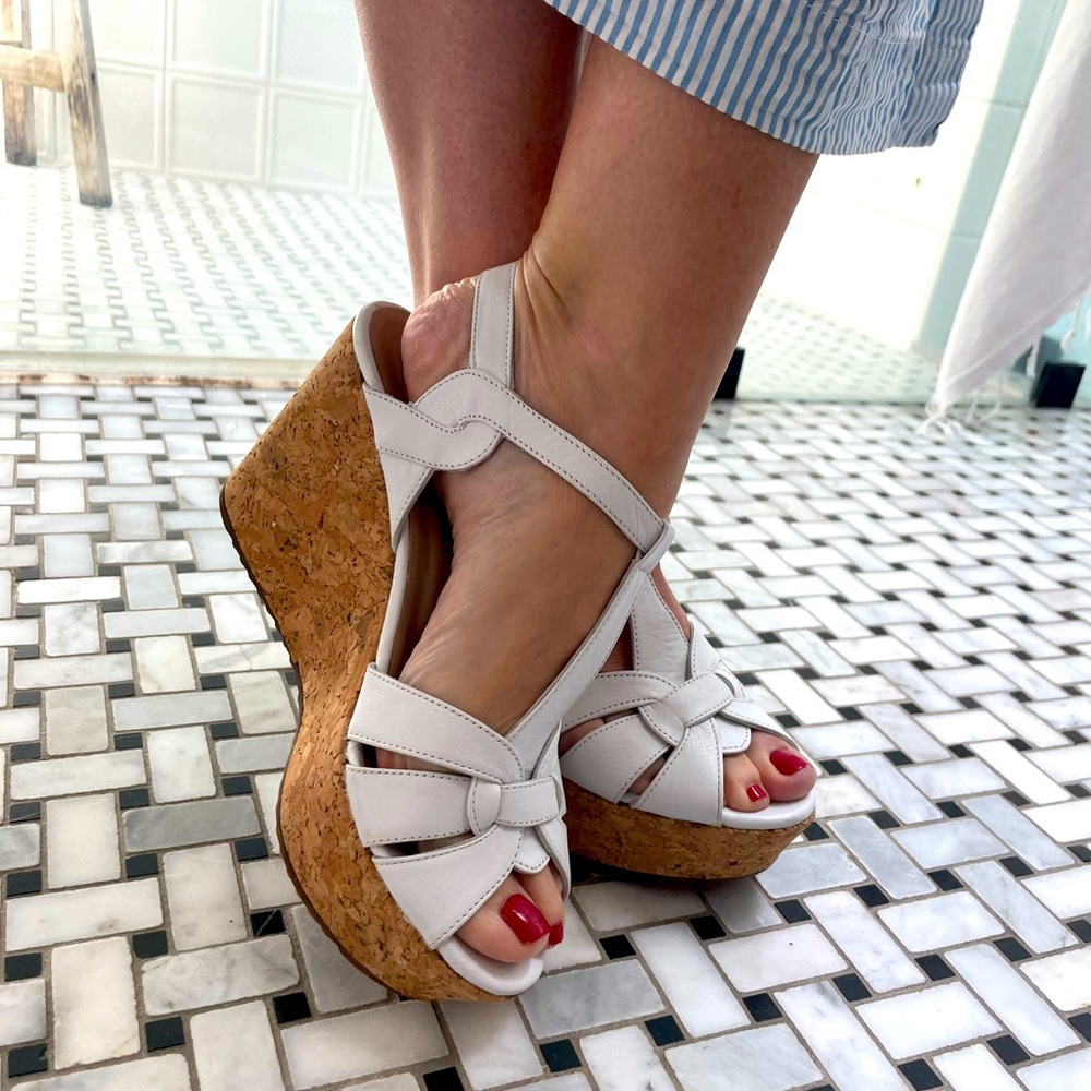 White leather cork wedge